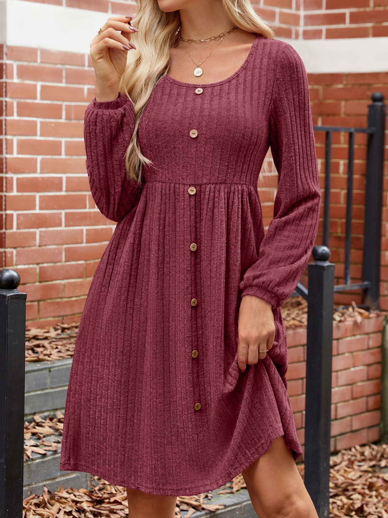 Women's Long Sleeve Summer Crimson Plain Crew Neck Balloon Sleeve Daily Going Out Casual Knee Length A-Line