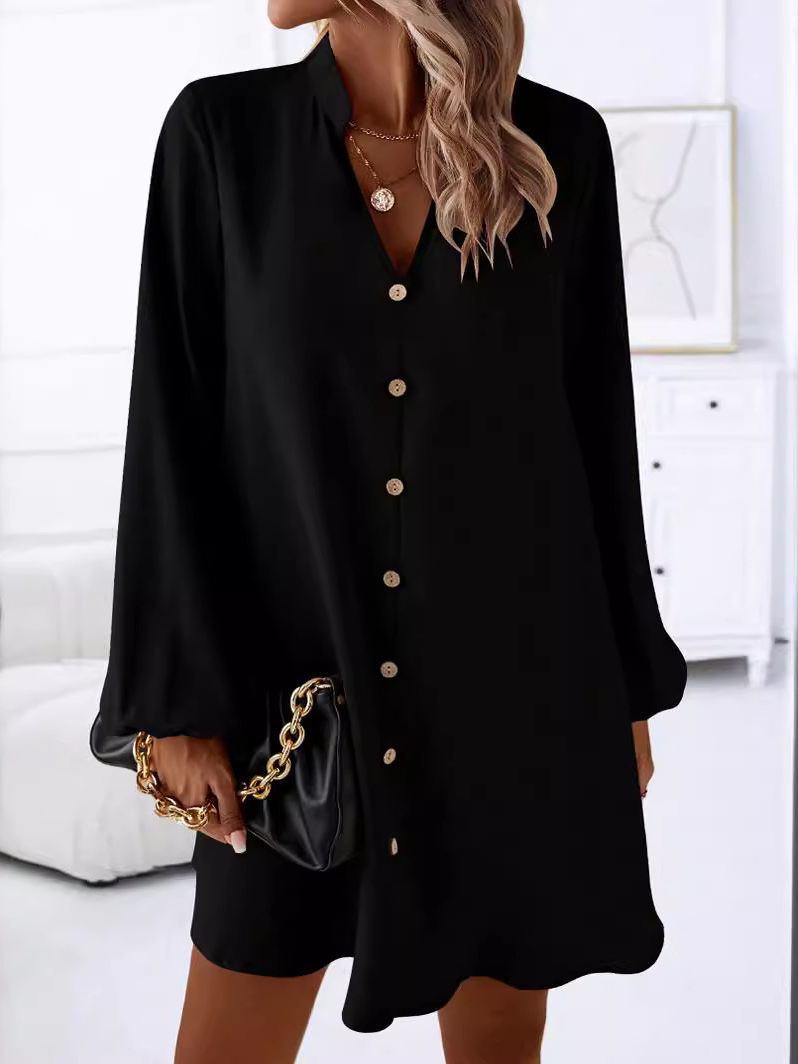 Women's Long Sleeve Summer Black Plain Buckle V Neck Daily Going Out Casual Knee Length H-Line Dress