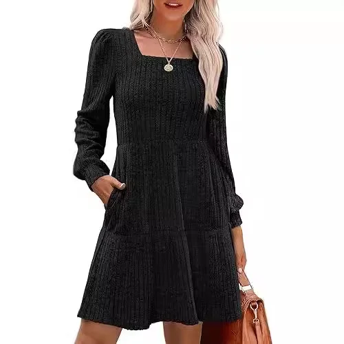 Women's Long Sleeve Spring/Fall Black Plain Crew Neck Daily Going Out Casual Mini A-Line Dress