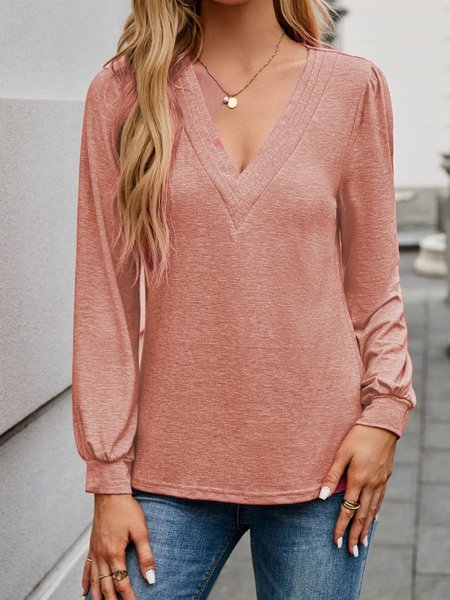 Women Plain V Neck Casual Long Sleeve T-shirt