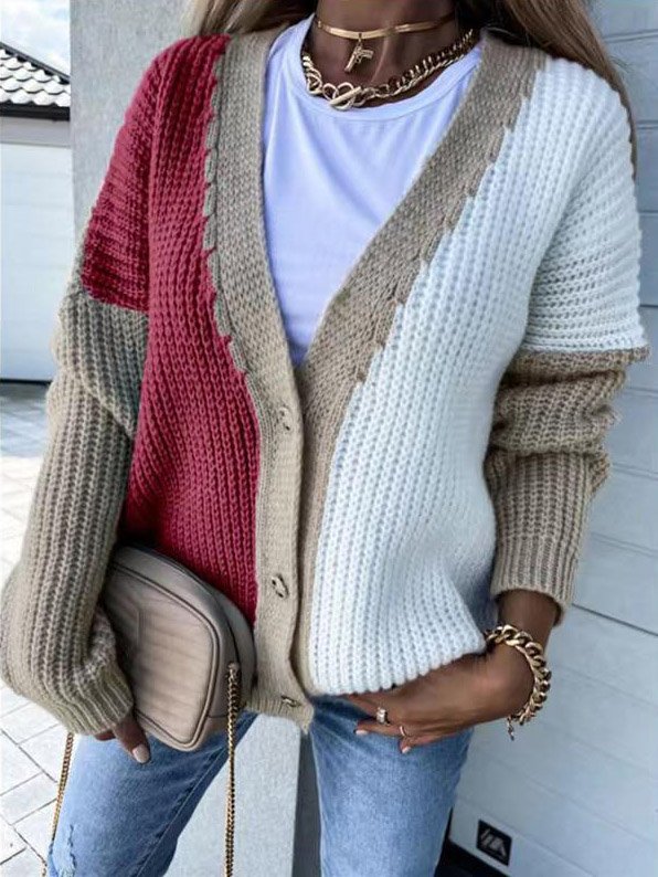 Loose Wrap Color Block Casual Cardigan