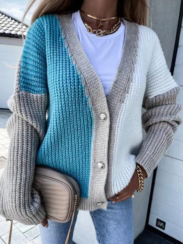 Loose Wrap Color Block Casual Cardigan