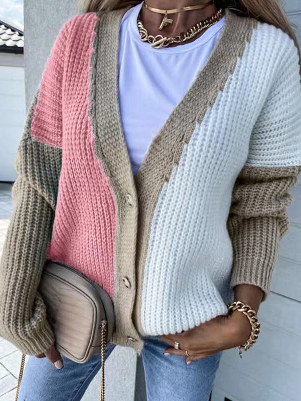 Loose Wrap Color Block Casual Cardigan