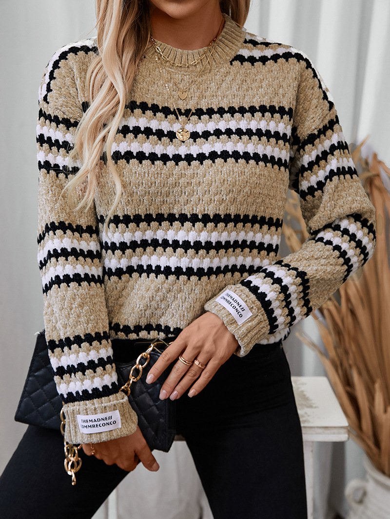 Striped Crew Neck Casual Yarn/Wool Yarn Sweater