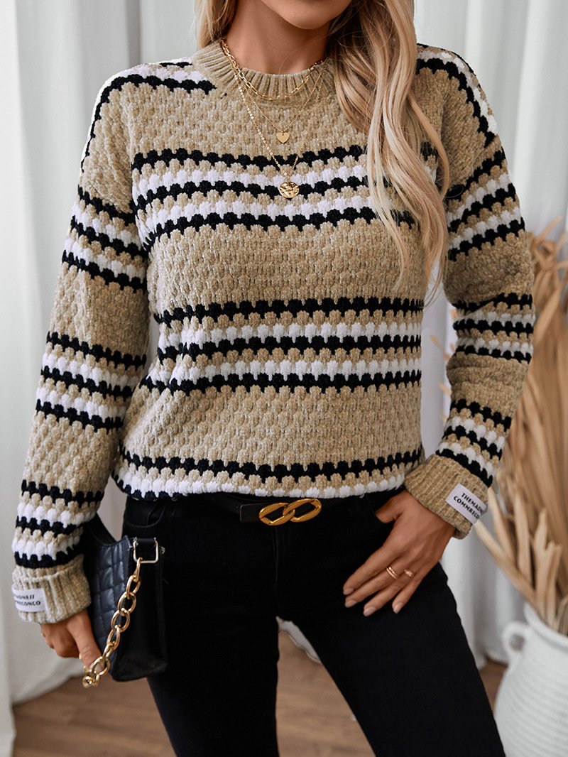 Striped Crew Neck Casual Yarn/Wool Yarn Sweater