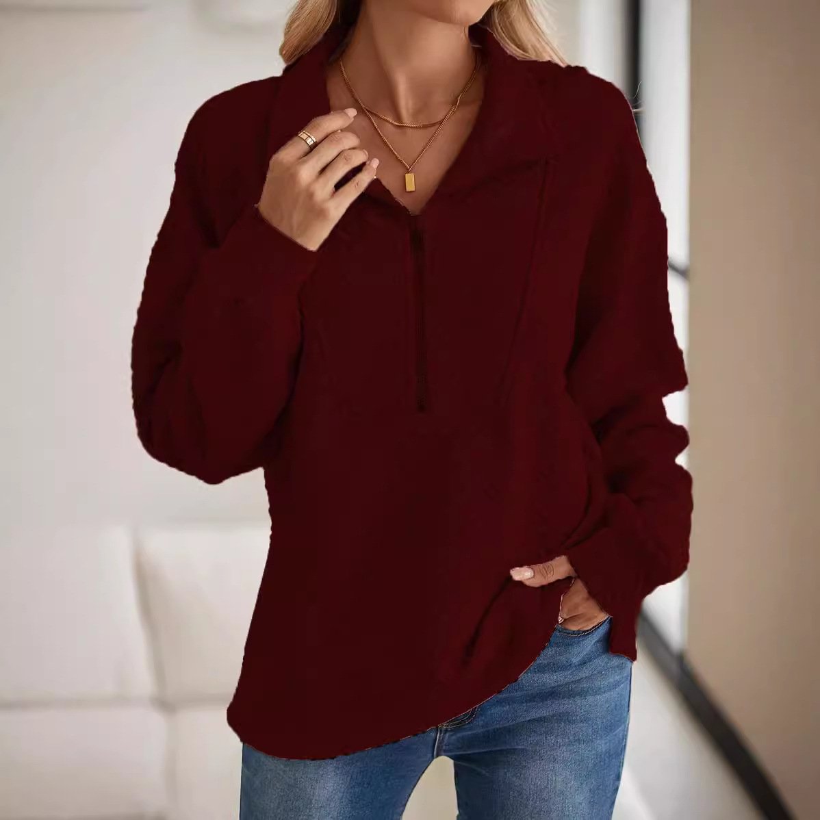 Loose Casual Shirt Collar Zipper Sweatshirt