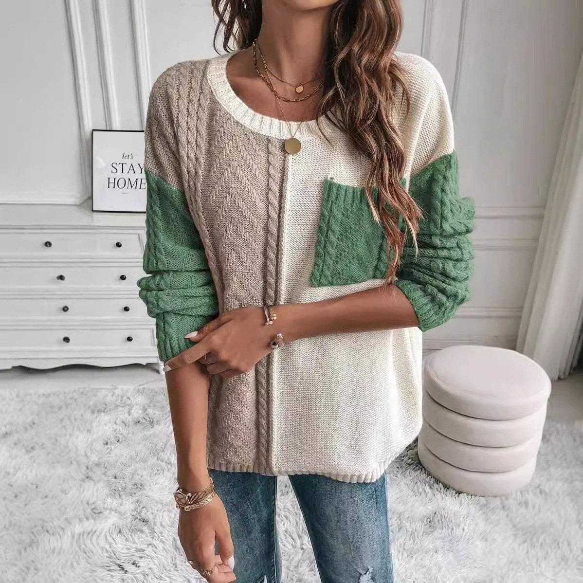 Crew Neck Casual Color Block Sweater