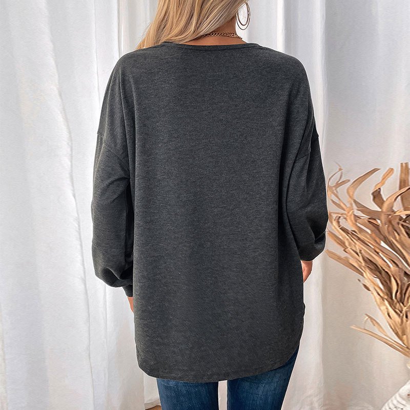 Women's Long Sleeve Blouse Spring/Fall Deep Gray Plain Knitted Crew Neck Daily Going Out Casual Top