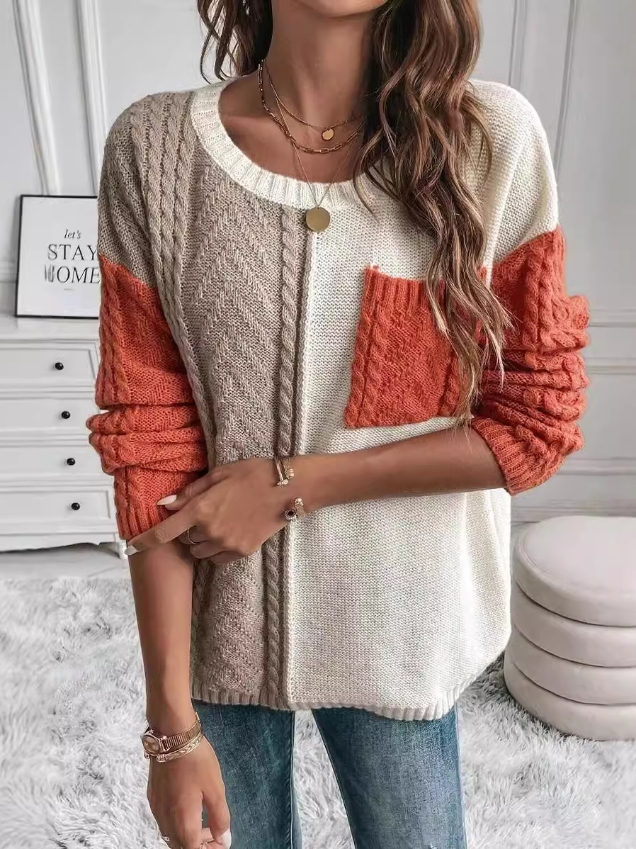 Crew Neck Casual Color Block Sweater