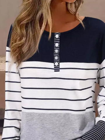 Casual Loose Crew Neck Striped Blouse