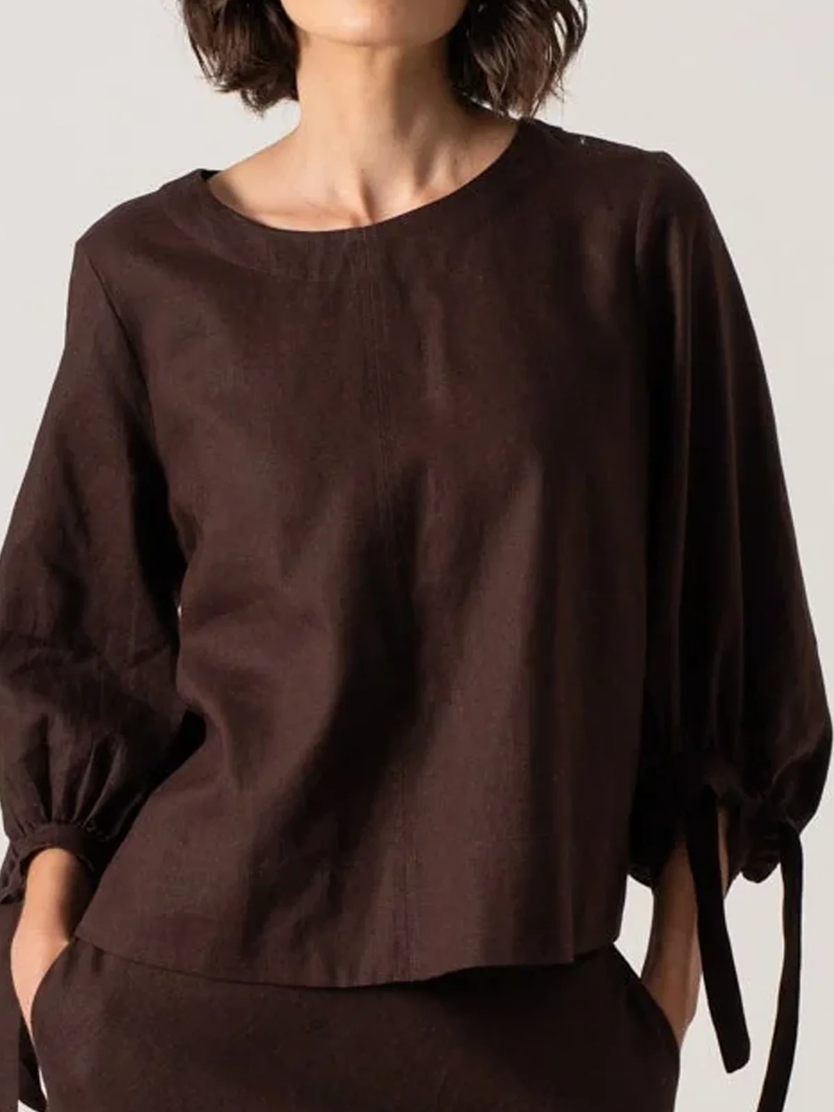 Crew Neck Loose Plain Linen Blouse