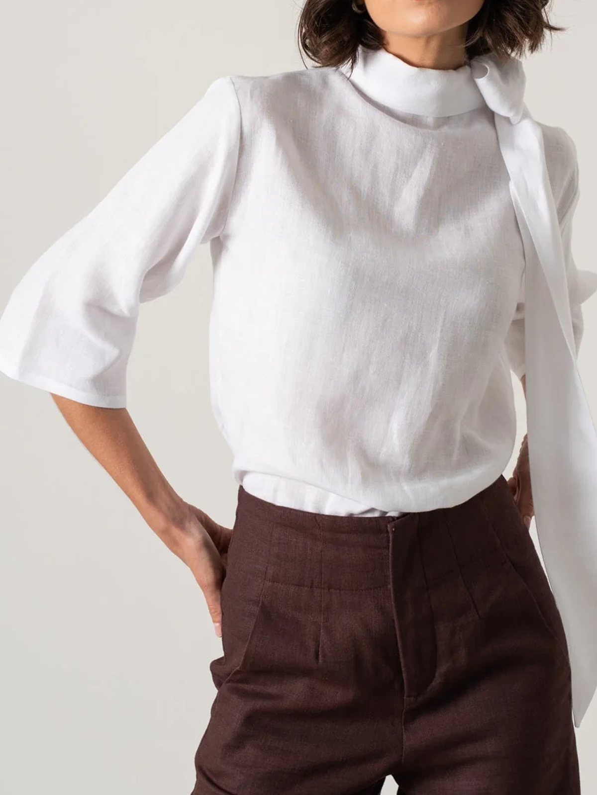 Crew Neck Linen Plain Blouse