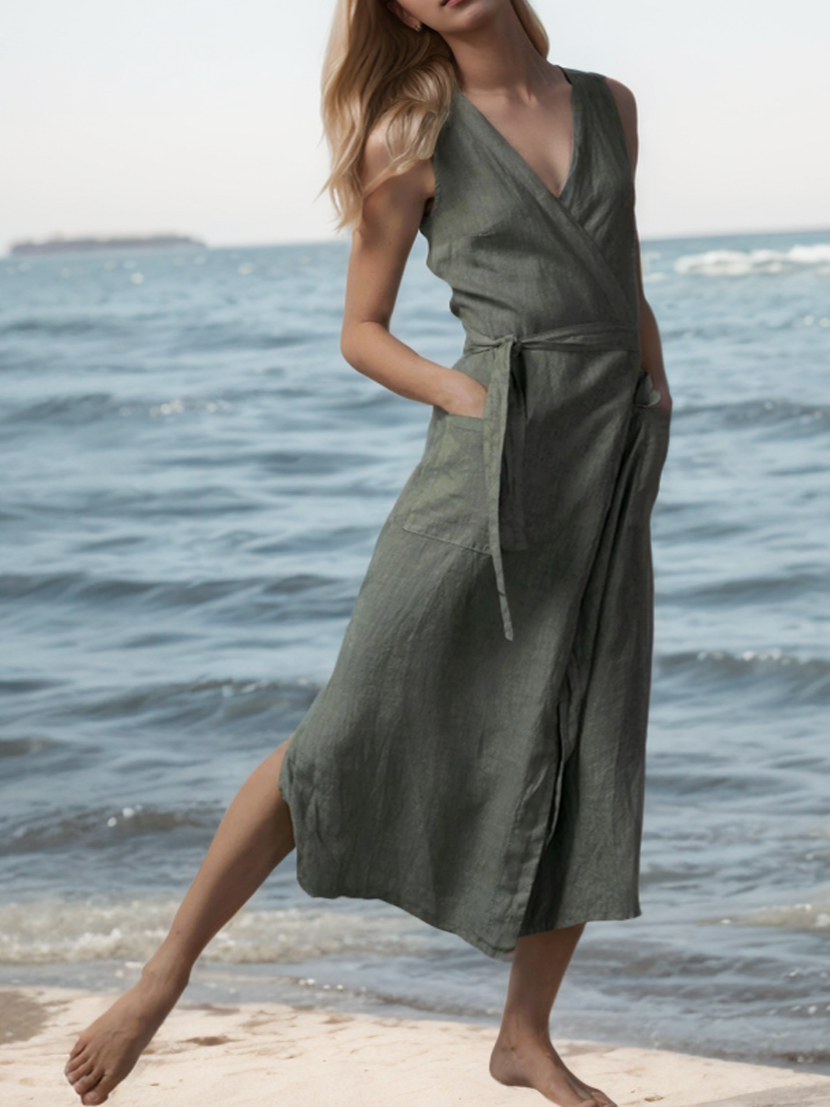 Linen V Neck Plain Linen Dress With No