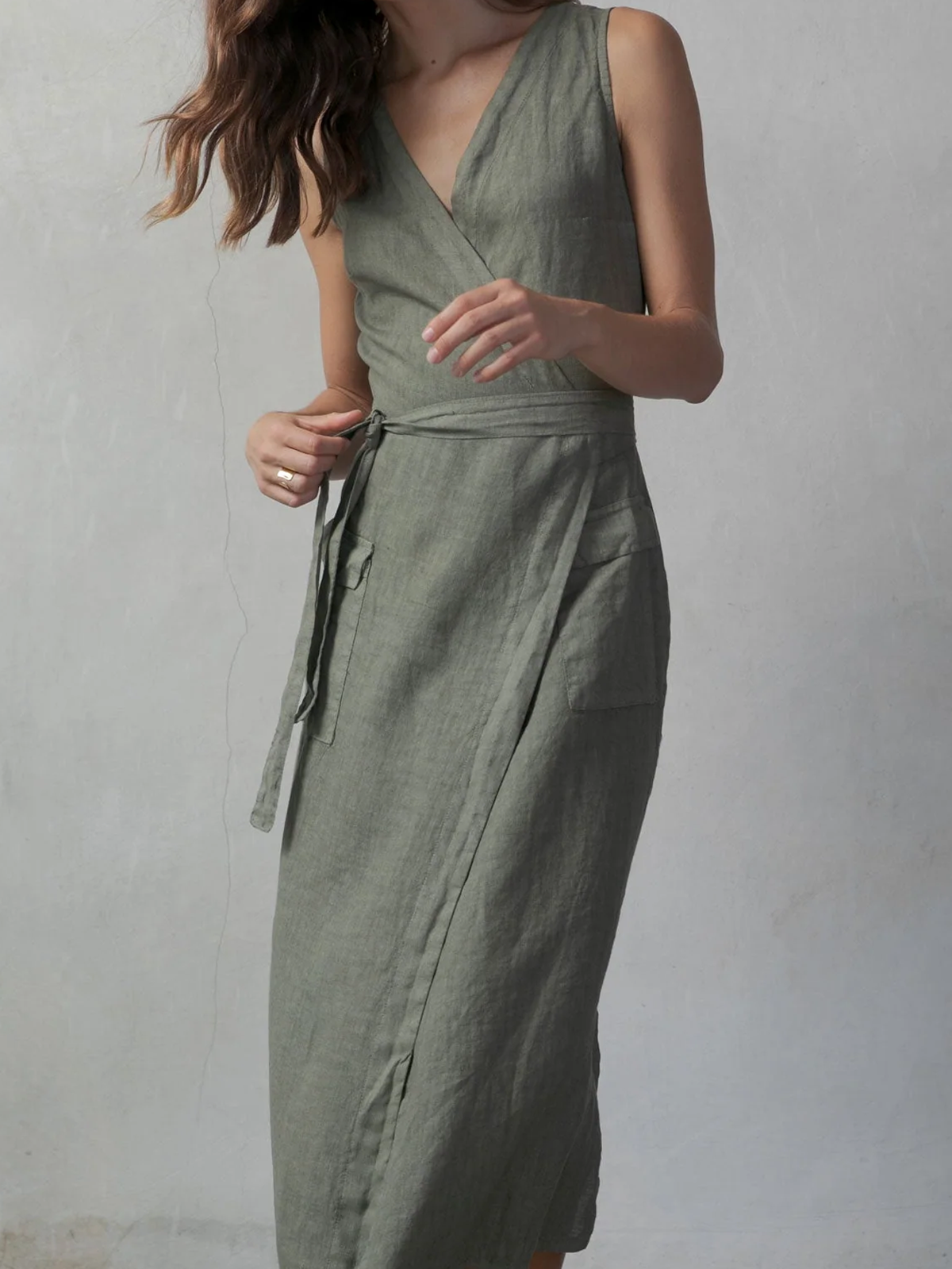 Linen V Neck Plain Linen Dress With No