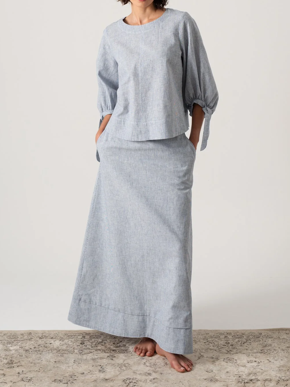 Linen Crew Neck Striped Two-Piece Set