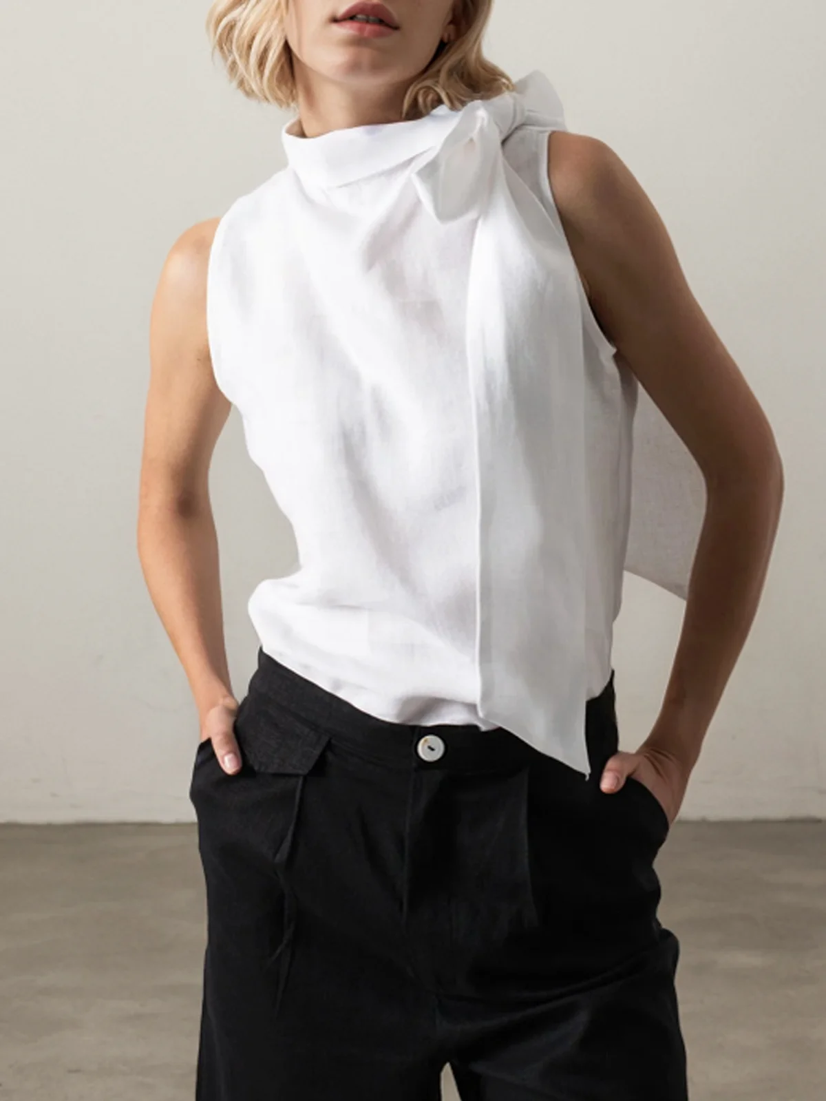 Linen Plain Crew Neck Tank Top