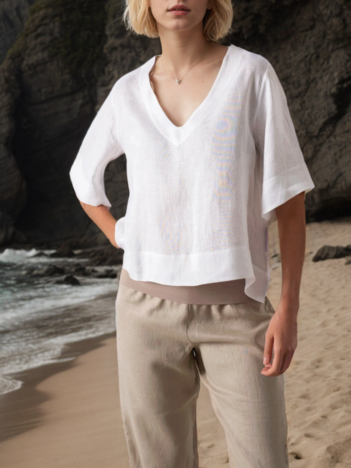 V Neck Linen Loose Blouse