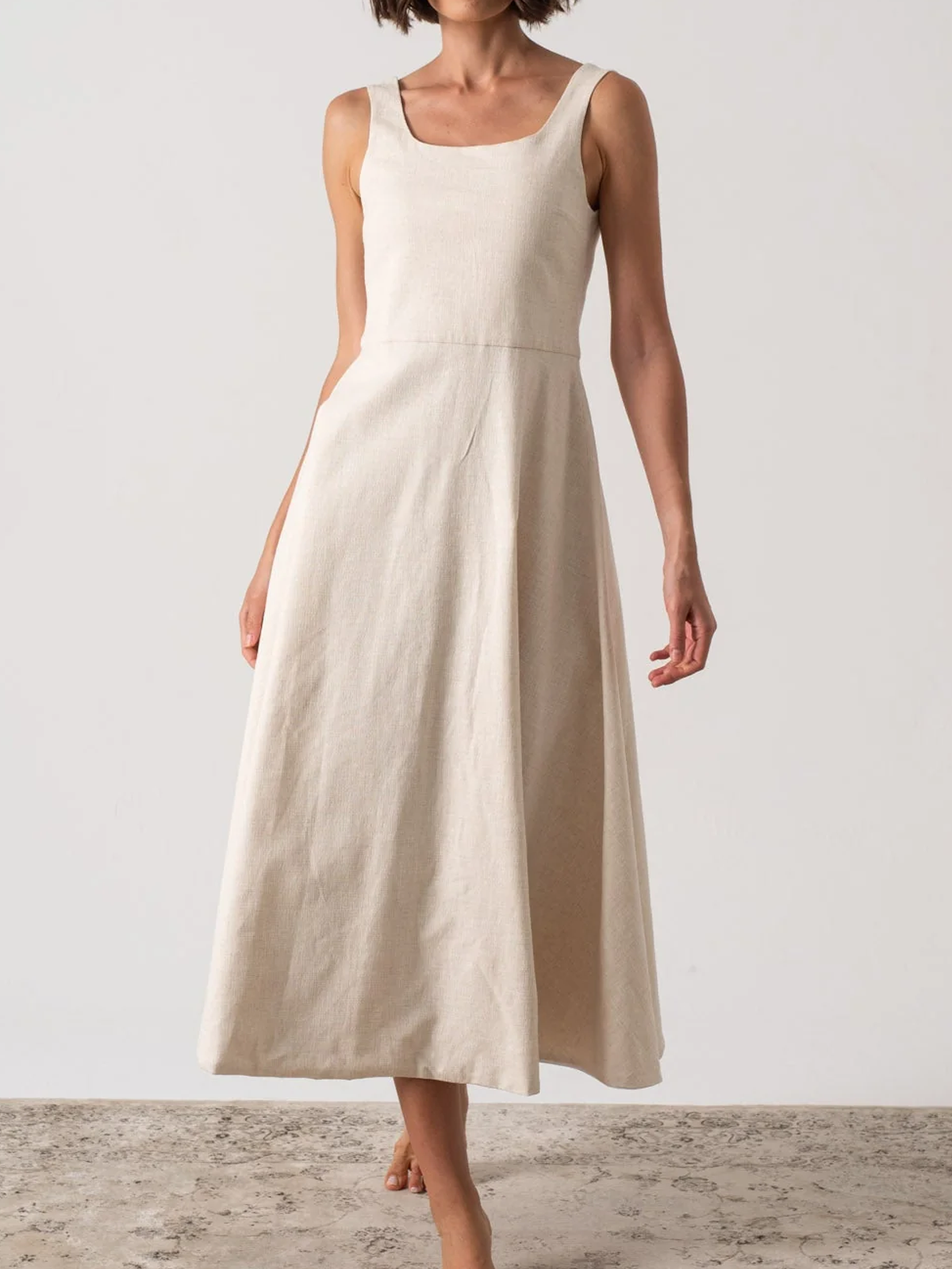 Regular Fit Crew Neck Linen Dress With No