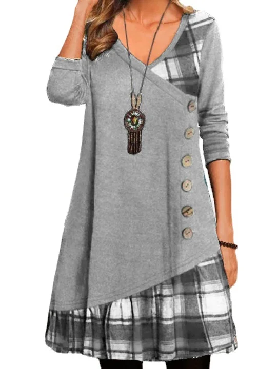 Casual Plaid Panel Loose Crew Neck Dress