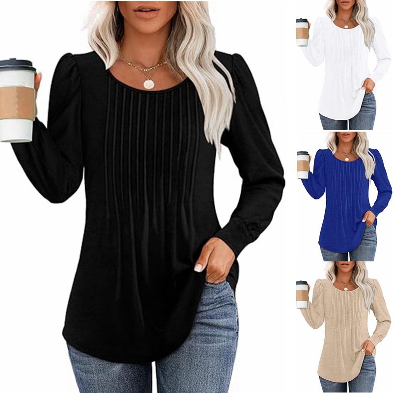 Women Plain Crew Neck Casual Long Sleeve T-shirt