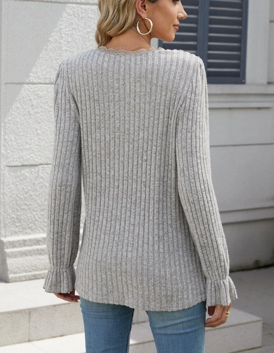 Women Plain V Neck Casual Long Sleeve T-shirt