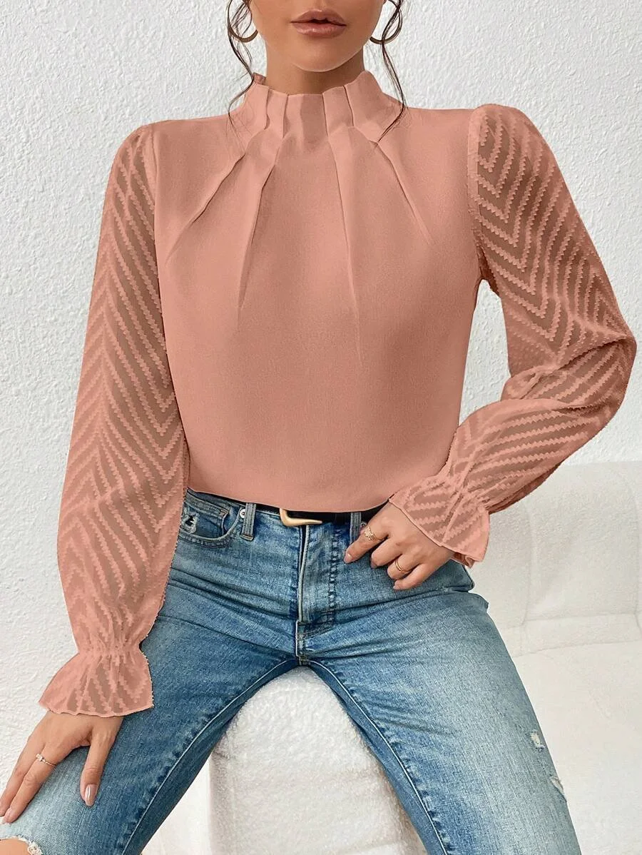 Women Plain Mock Neck Casual Long Sleeve T-shirt