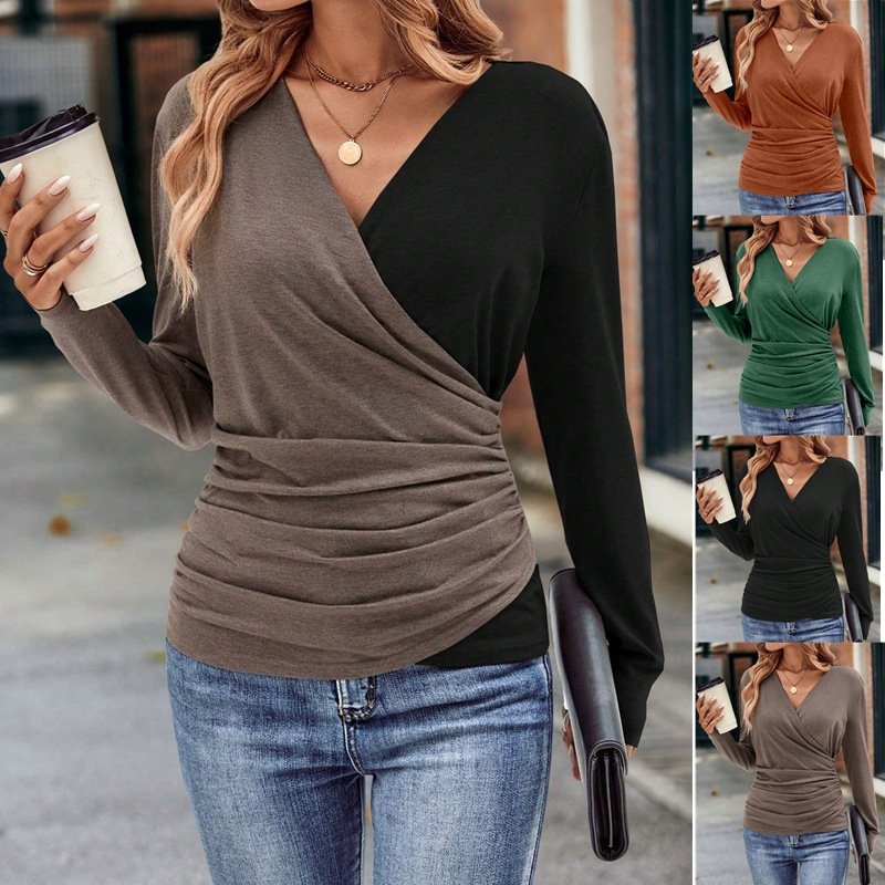 Women Plain V Neck Casual Long Sleeve T-shirt