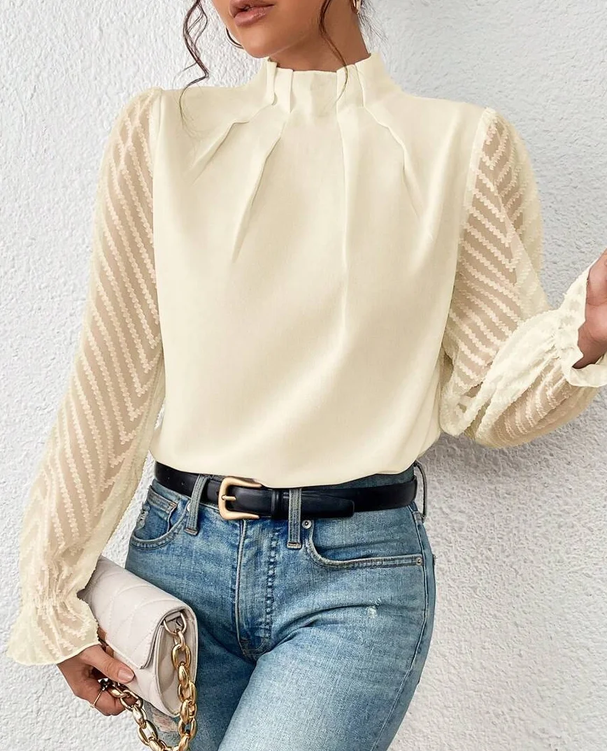 Women Plain Mock Neck Casual Long Sleeve T-shirt