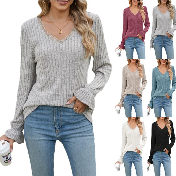 Women Plain V Neck Casual Long Sleeve T-shirt