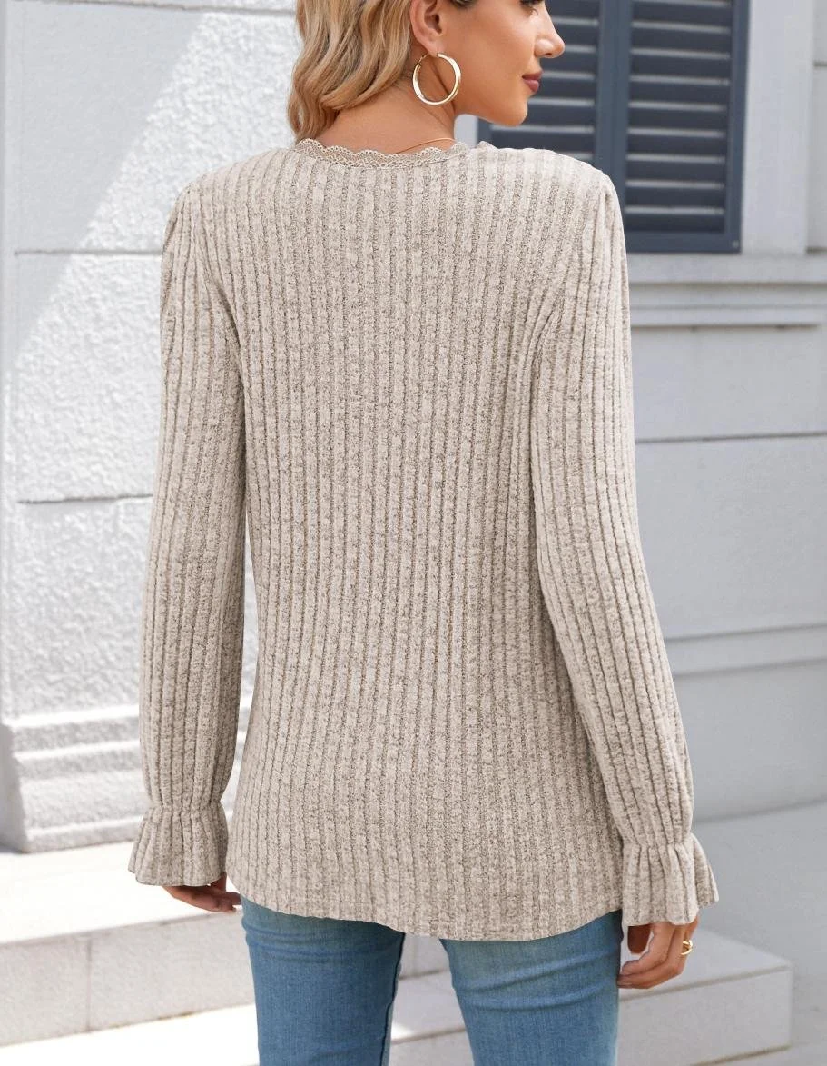 Women Plain V Neck Casual Long Sleeve T-shirt