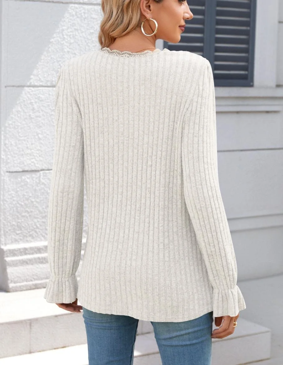 Women Plain V Neck Casual Long Sleeve T-shirt