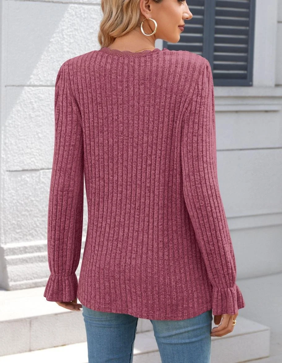 Women Plain V Neck Casual Long Sleeve T-shirt