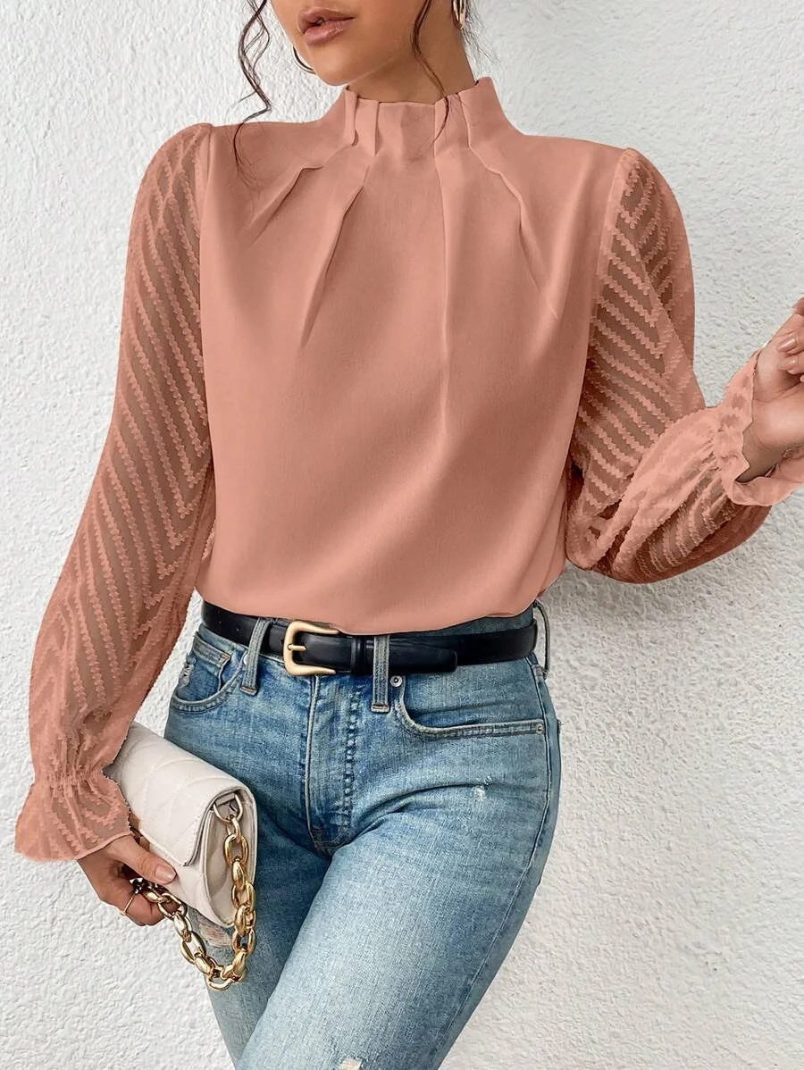 Women Plain Mock Neck Casual Long Sleeve T-shirt