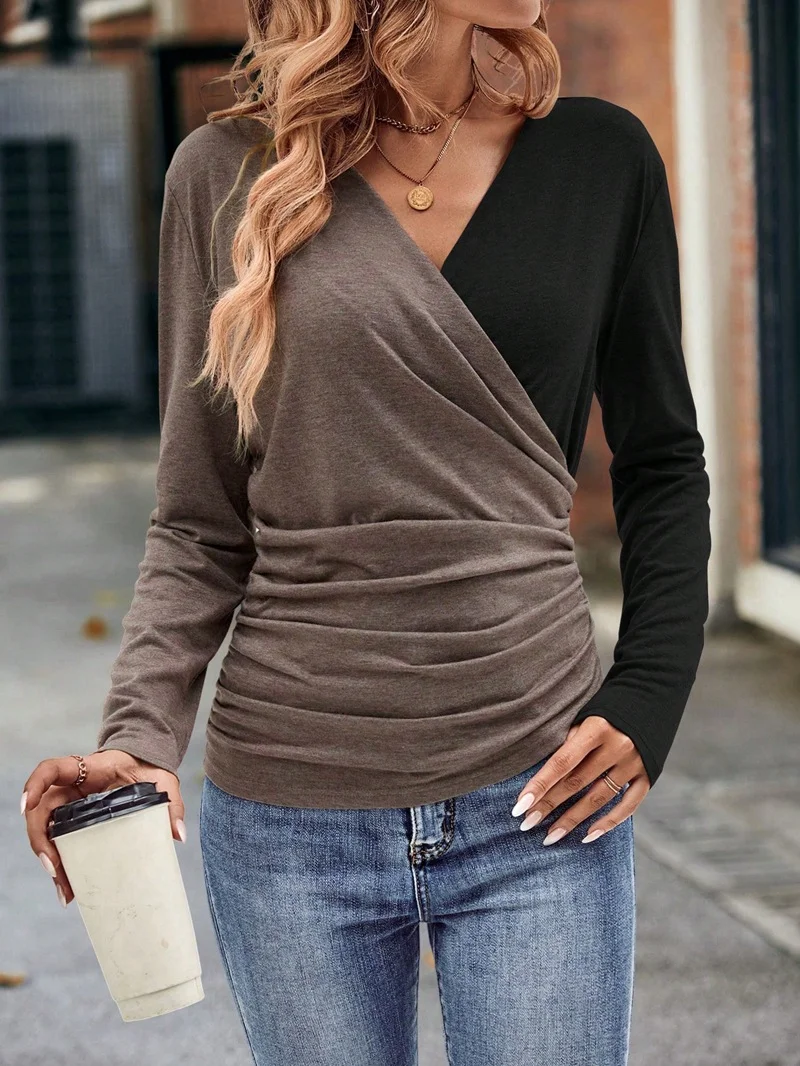 Women Plain V Neck Casual Long Sleeve T-shirt