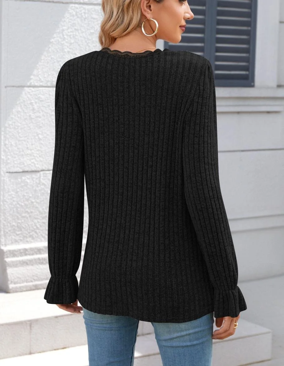 Women Plain V Neck Casual Long Sleeve T-shirt