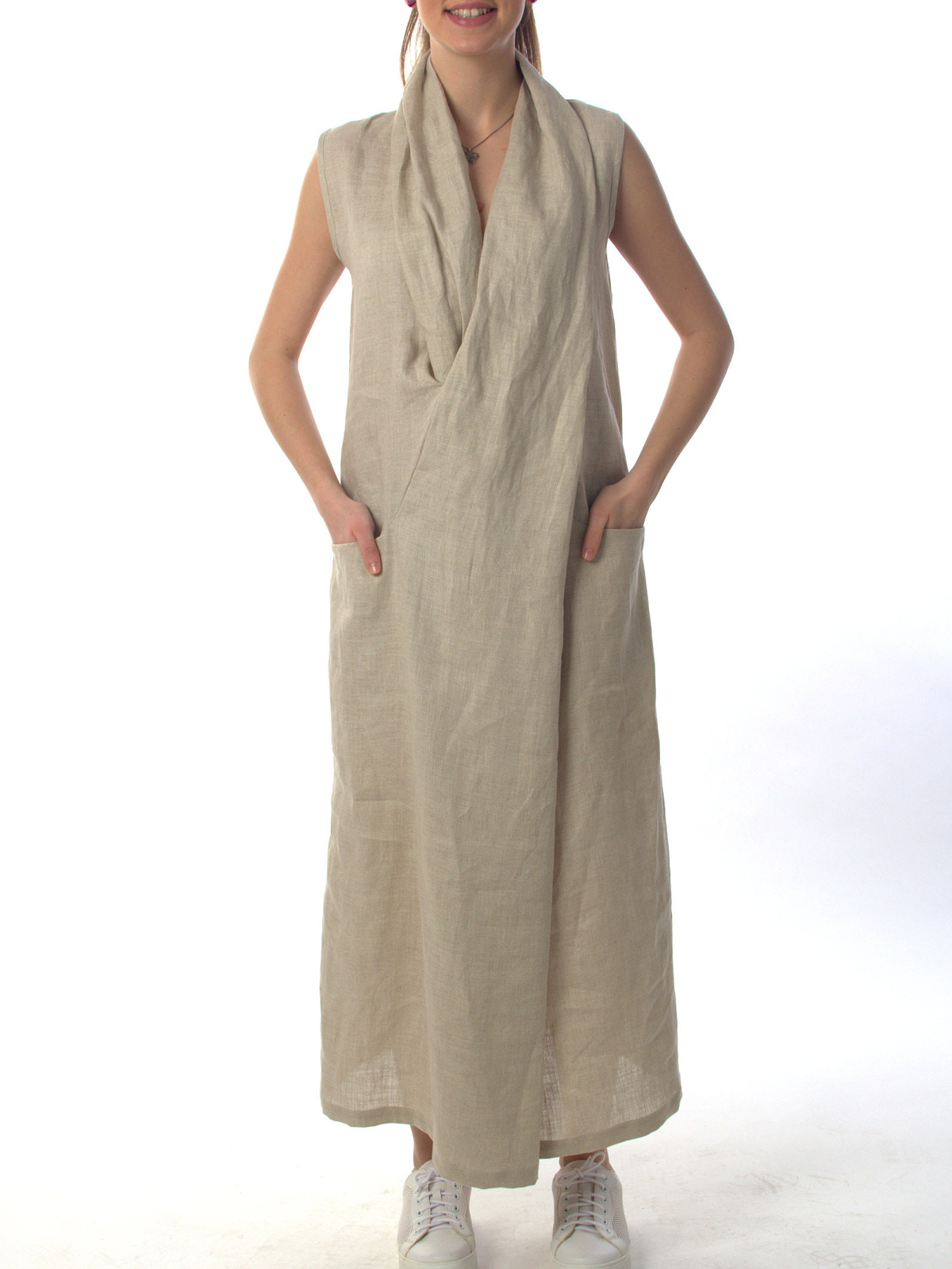 Cross Neck Linen Cotton And Linen Dress With No