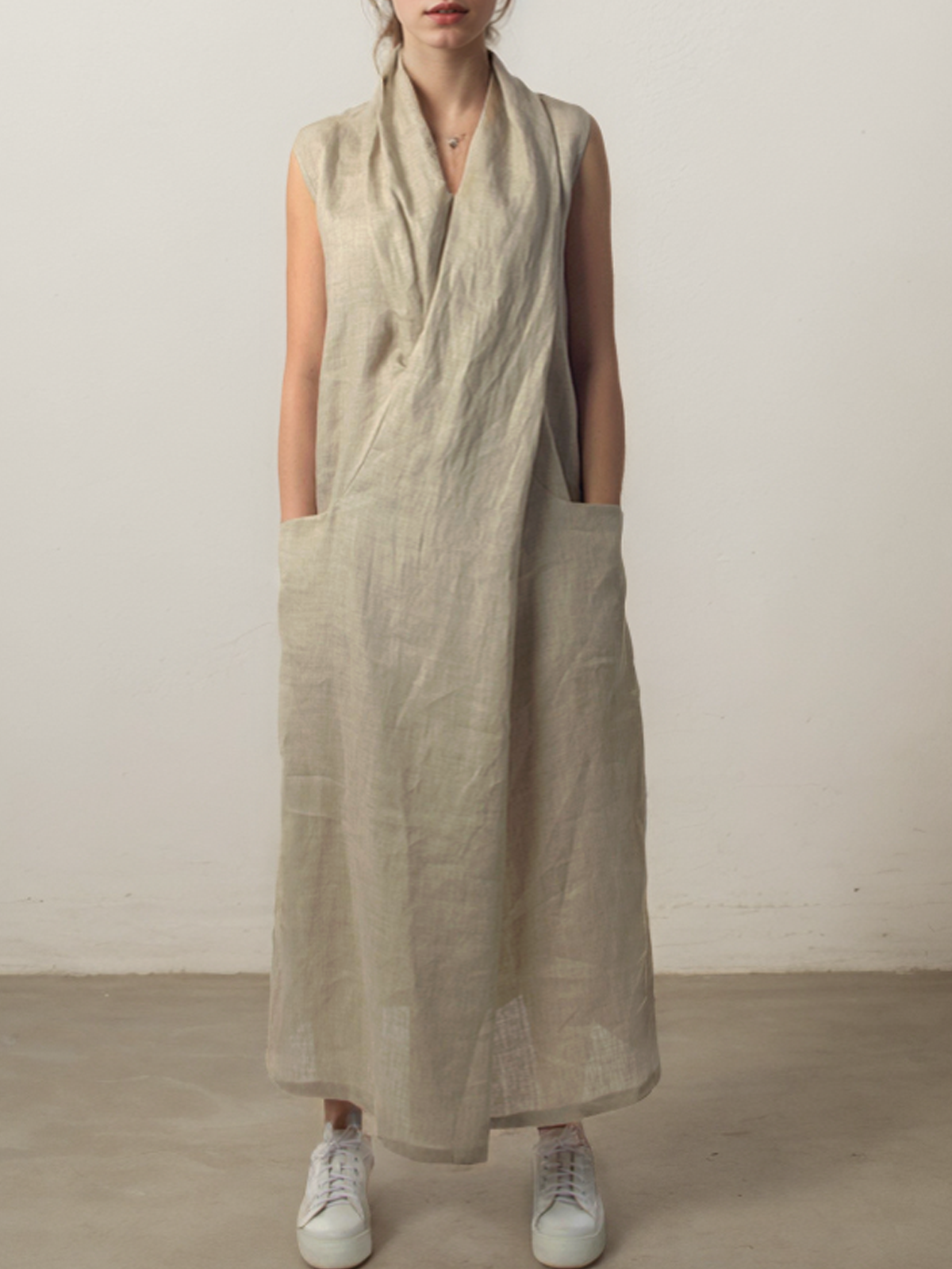 Cross Neck Linen Cotton And Linen Dress With No