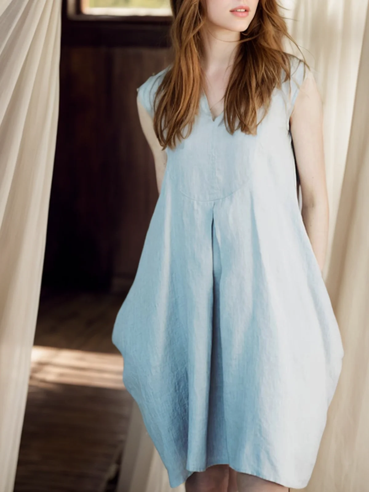 Linen Cotton And Linen Loose Dress With No