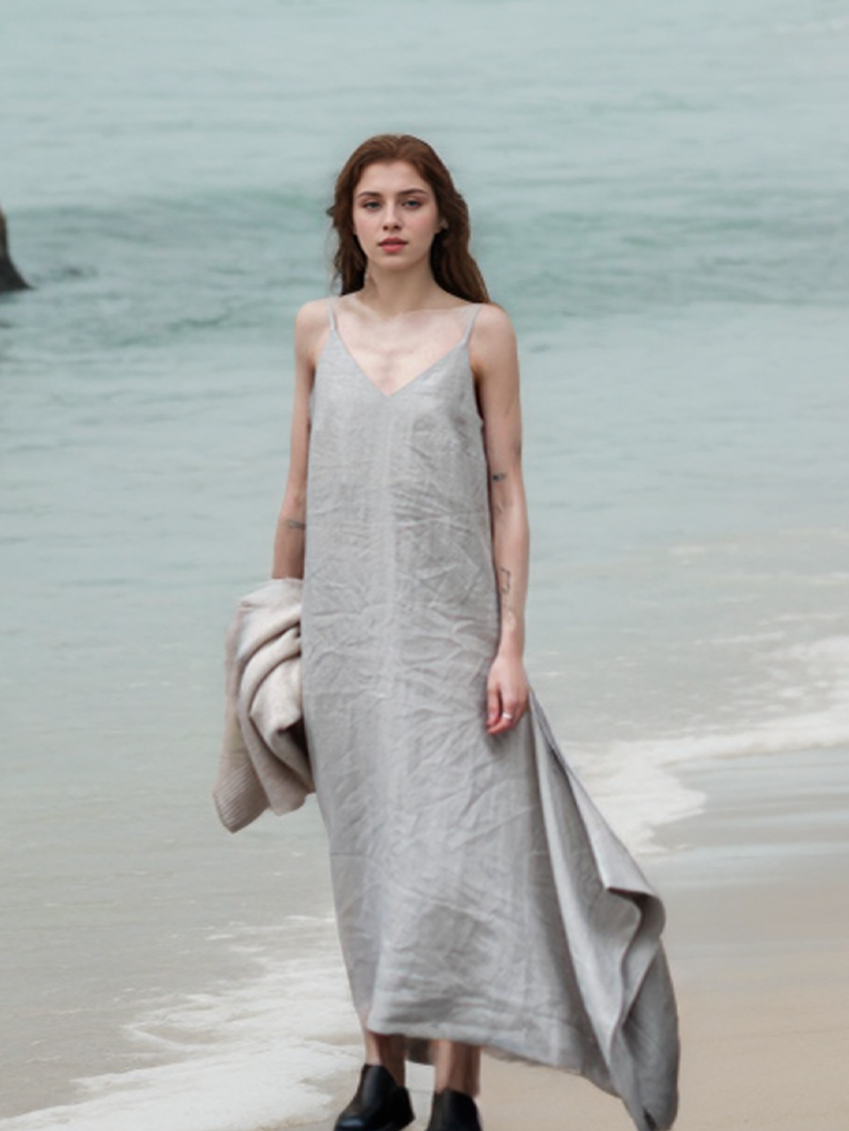 Cotton And Linen Loose Linen Plain Dress With No