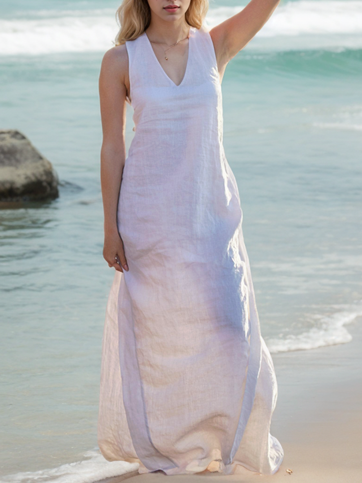 Linen Spaghetti Plain Cotton And Linen Dress With No