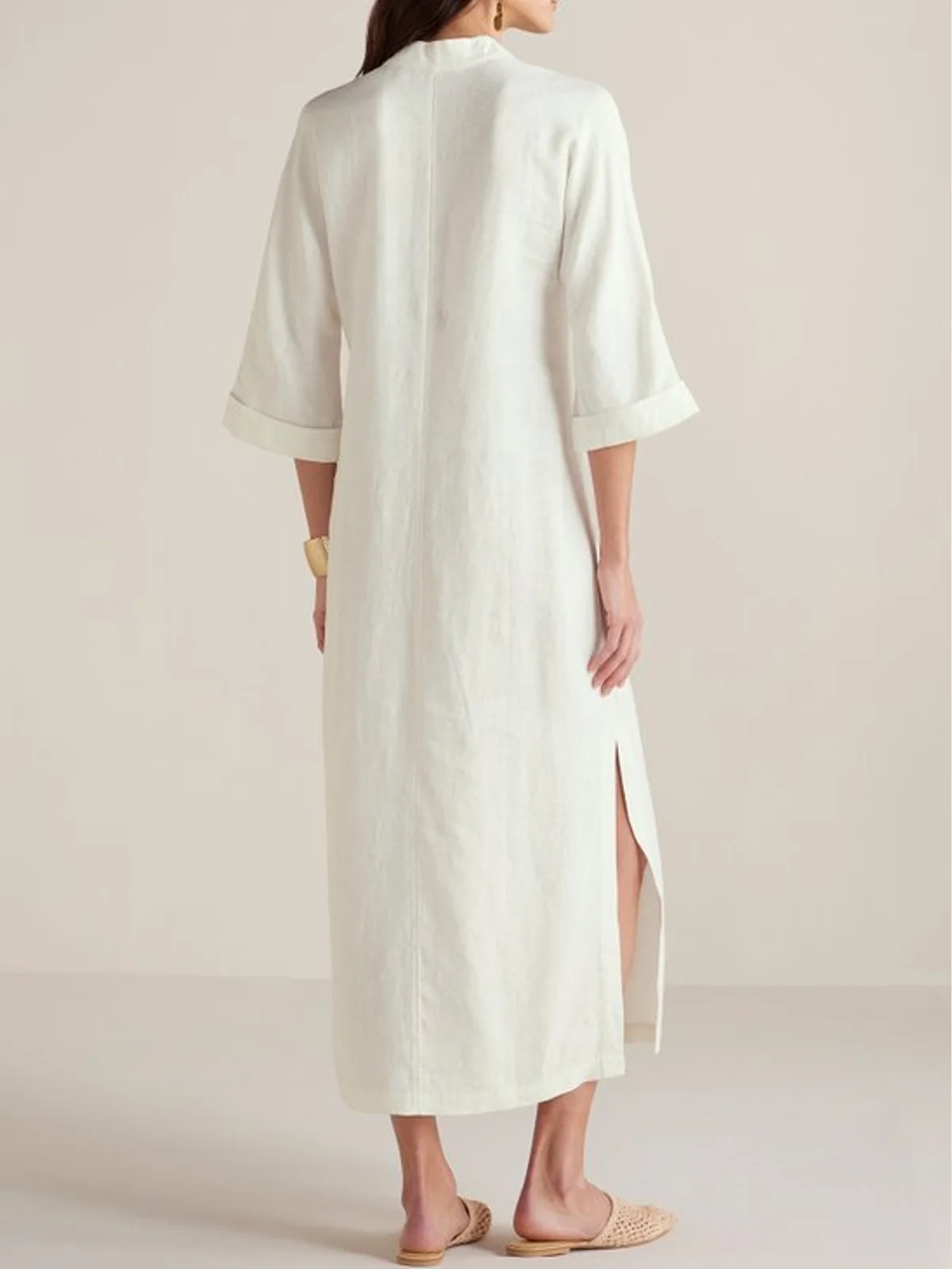 Regular Fit Plain V Neck Linen Dress With No