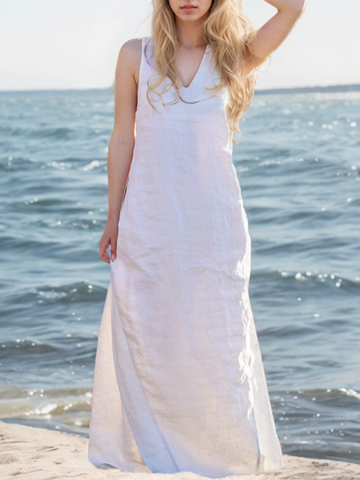 Linen Spaghetti Plain Cotton And Linen Dress With No