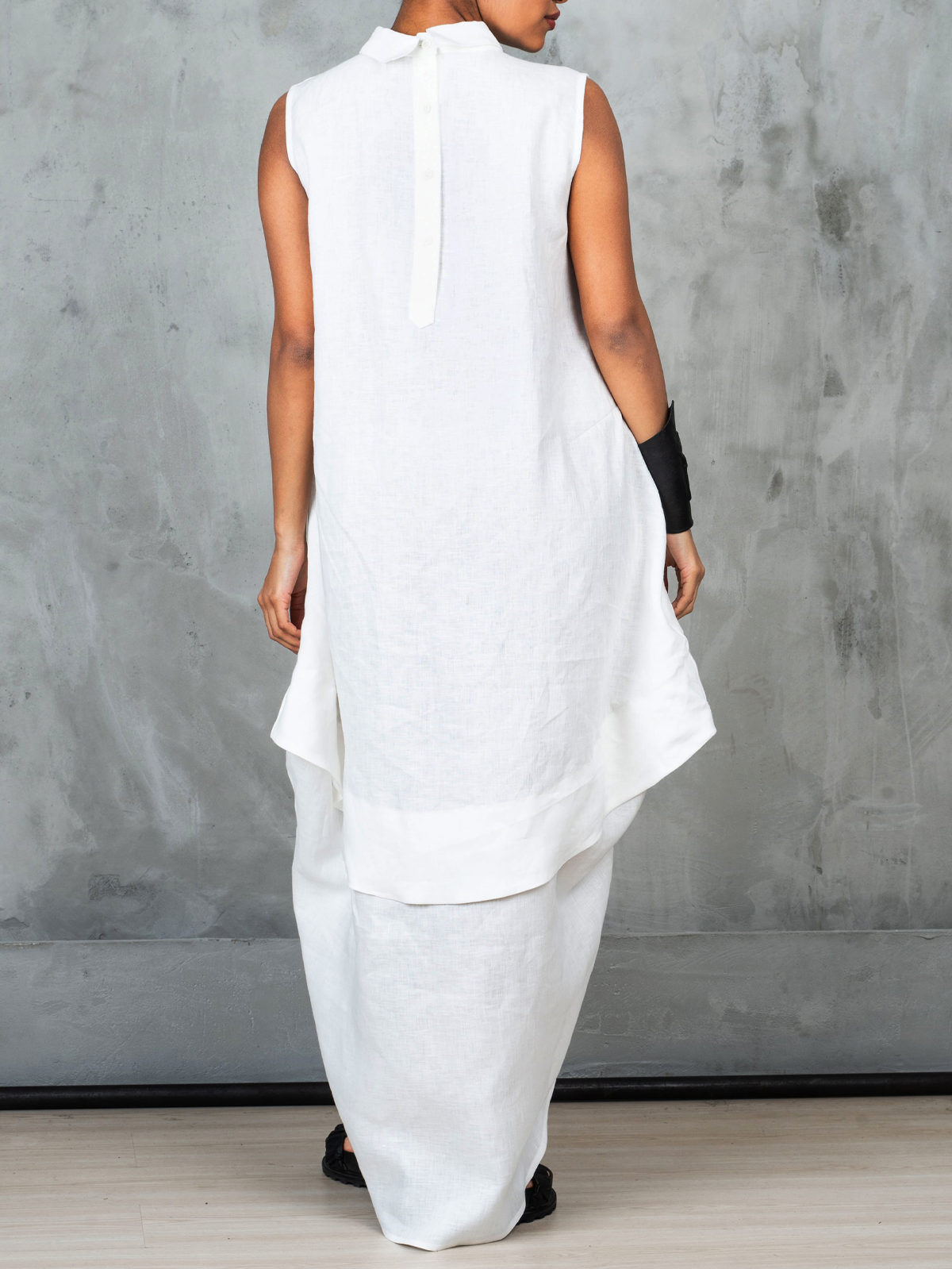 Plain Crew Neck Cotton And Linen Linen Dress With No