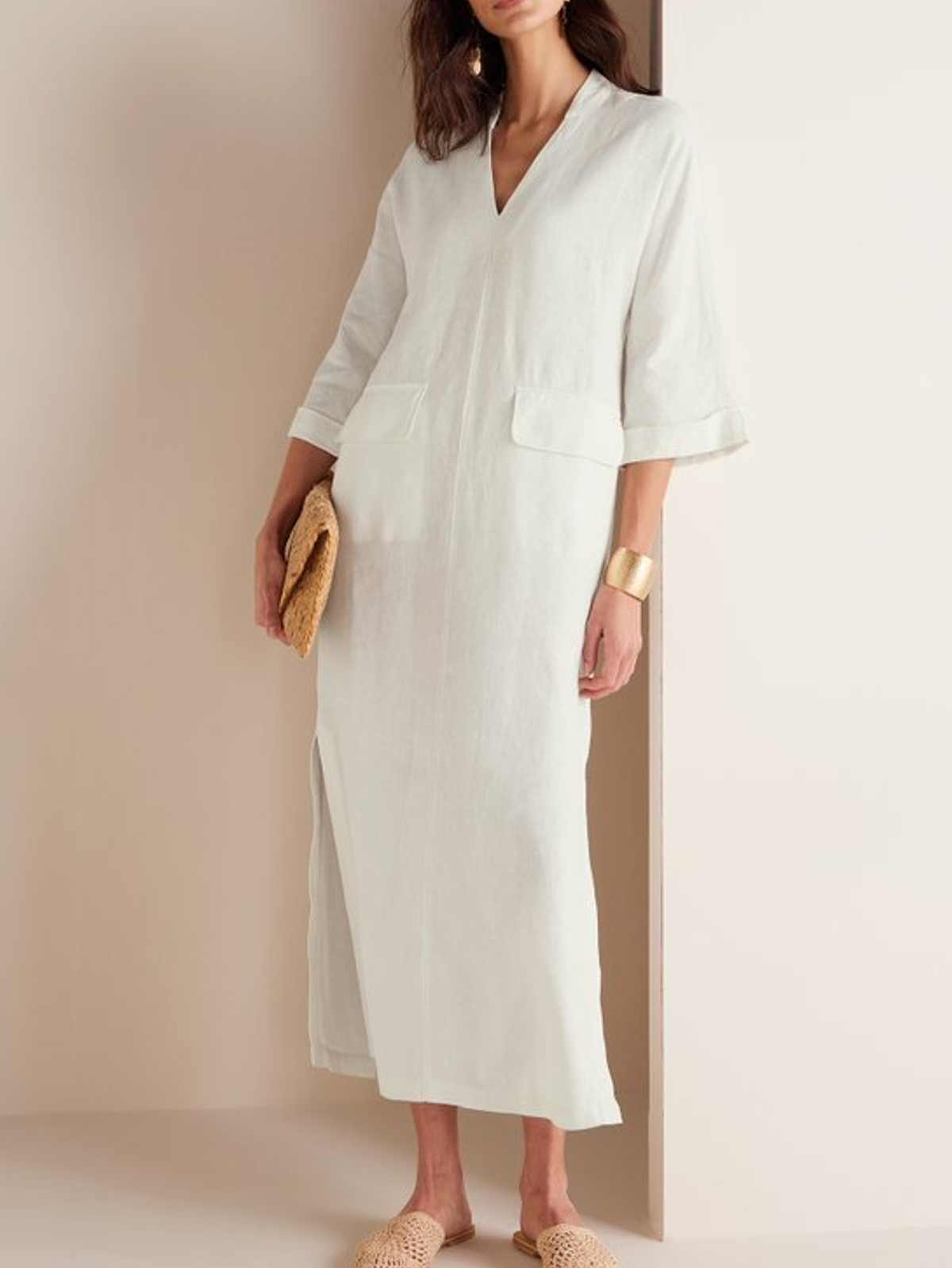 Regular Fit Plain V Neck Linen Dress With No