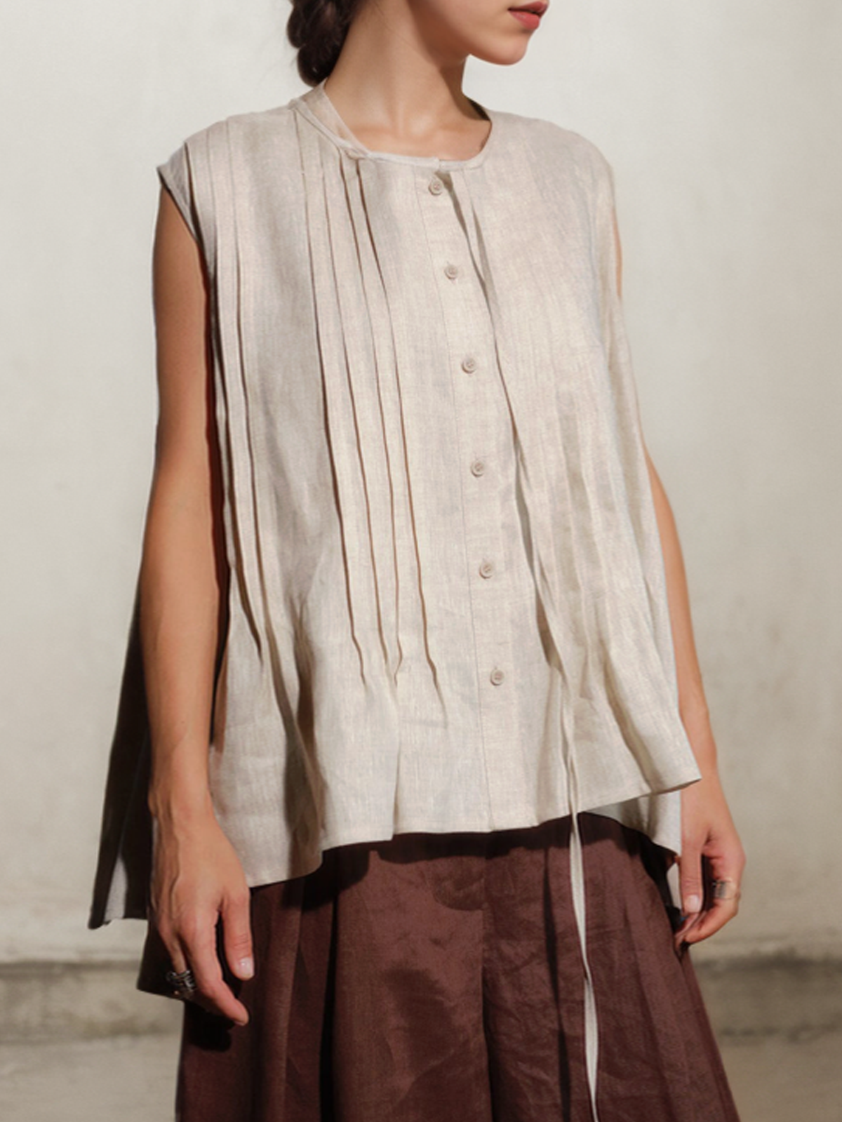 Loose Plain Linen Crew Neck Tank Top