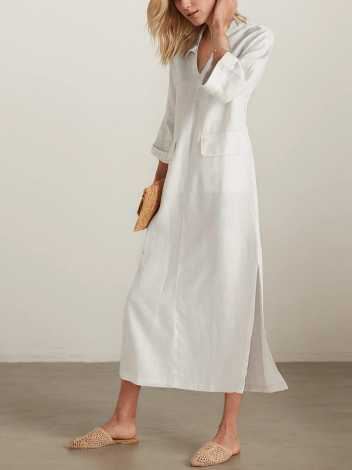 Regular Fit Plain V Neck Linen Dress With No