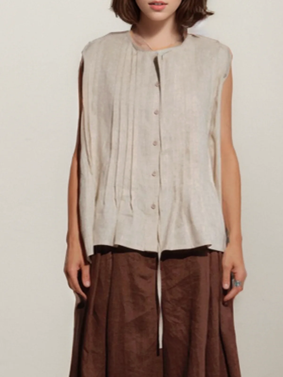 Loose Plain Linen Crew Neck Tank Top