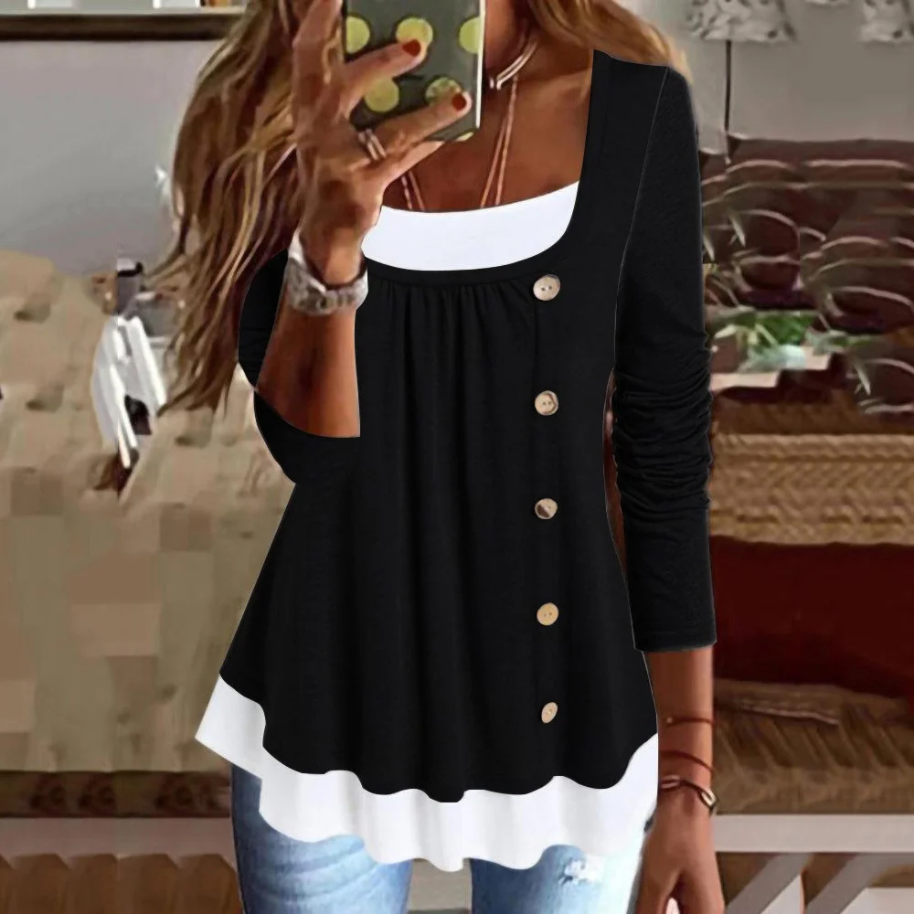 Color Block Crew Neck Casual Lace Blouse