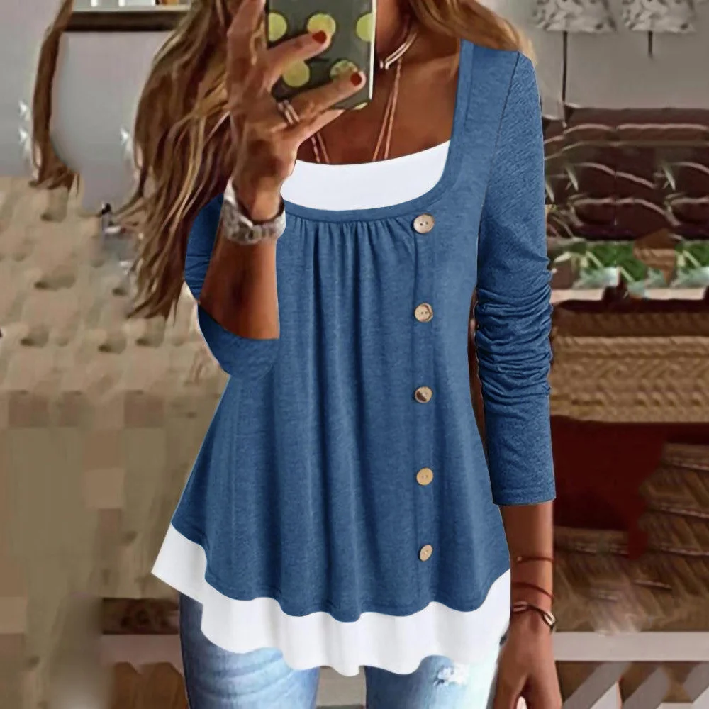 Color Block Crew Neck Casual Lace Blouse