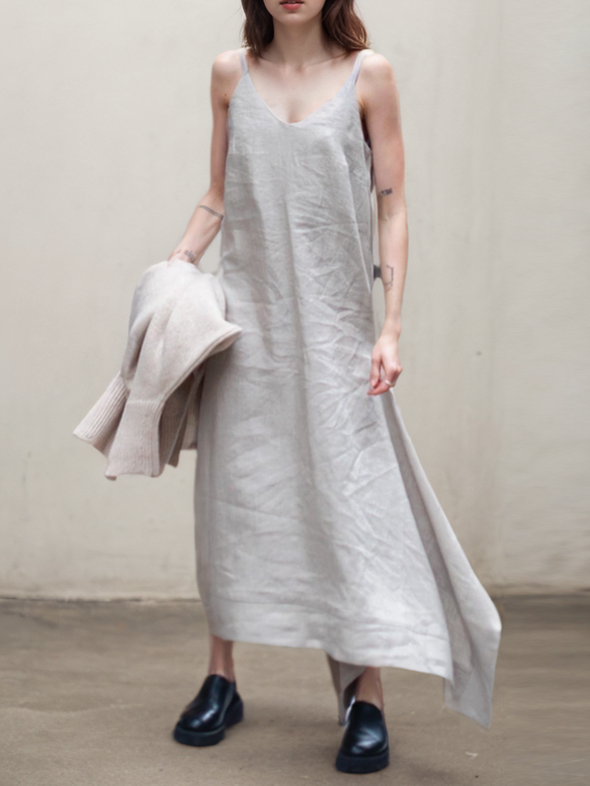 Cotton And Linen Loose Linen Plain Dress With No